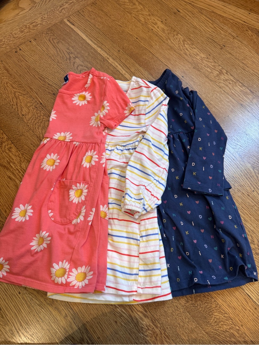 Old Navy Coral Daisy, Striped Multi, and Navy Letter Print Girls' Dresses Sz 3T